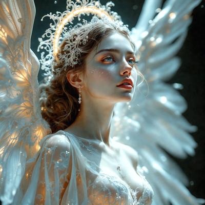 The primary subject of the image is a woman wearing a white dress and an angelic costume. She is posing for the camera with a serene expression. The setting is a dark room, which adds a dramatic atmosphere to the scene. The visual style is a combination of photography and digital art, creating a unique and captivating image. The colors are predominantly white, which adds to the angelic and ethereal mood of the scene.